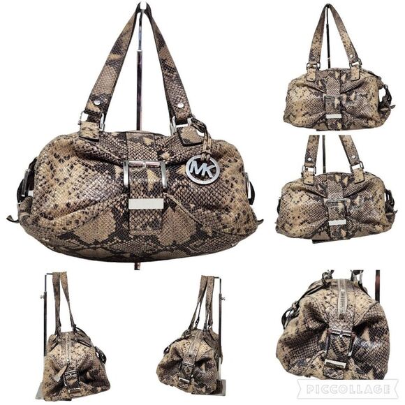 Michael Kors Heidi Dark Sans Satchel tan brown black silver snake print bag 2009 - Picture 4 of 16